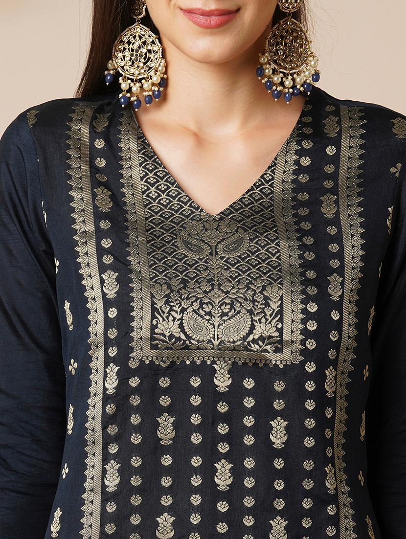 globus women blue v-neck silver brocade ethnic motifs straight knee length kurta with wide-leg pants festive set - 21531818 - Standard Image - 4