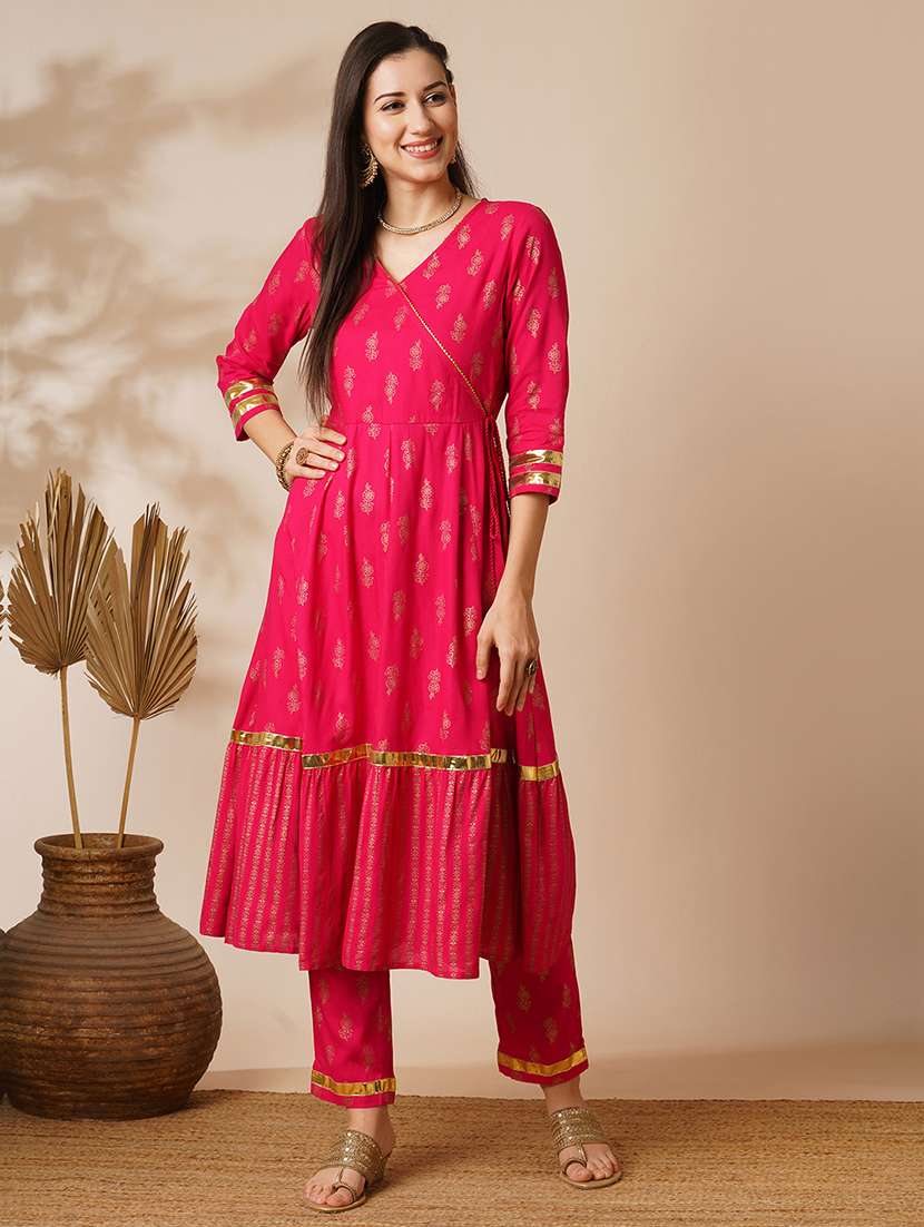 globus women pink v-neck floral printed gotta lace angrakha anarkali kurta with elasticated pants festive set - 21531819 -  Standard Image - 1