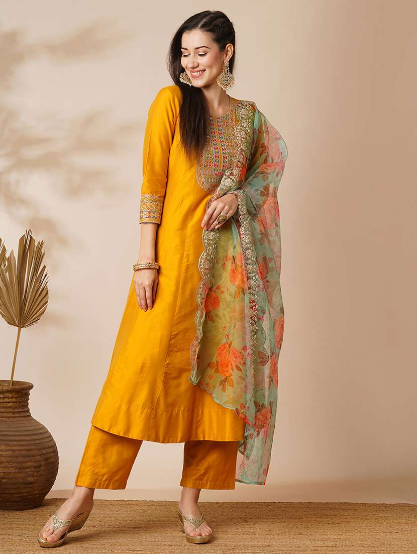 globus women yellow embroidered yoke panelled anarkali kurta with pants & scalloped border organza dupatta festive set