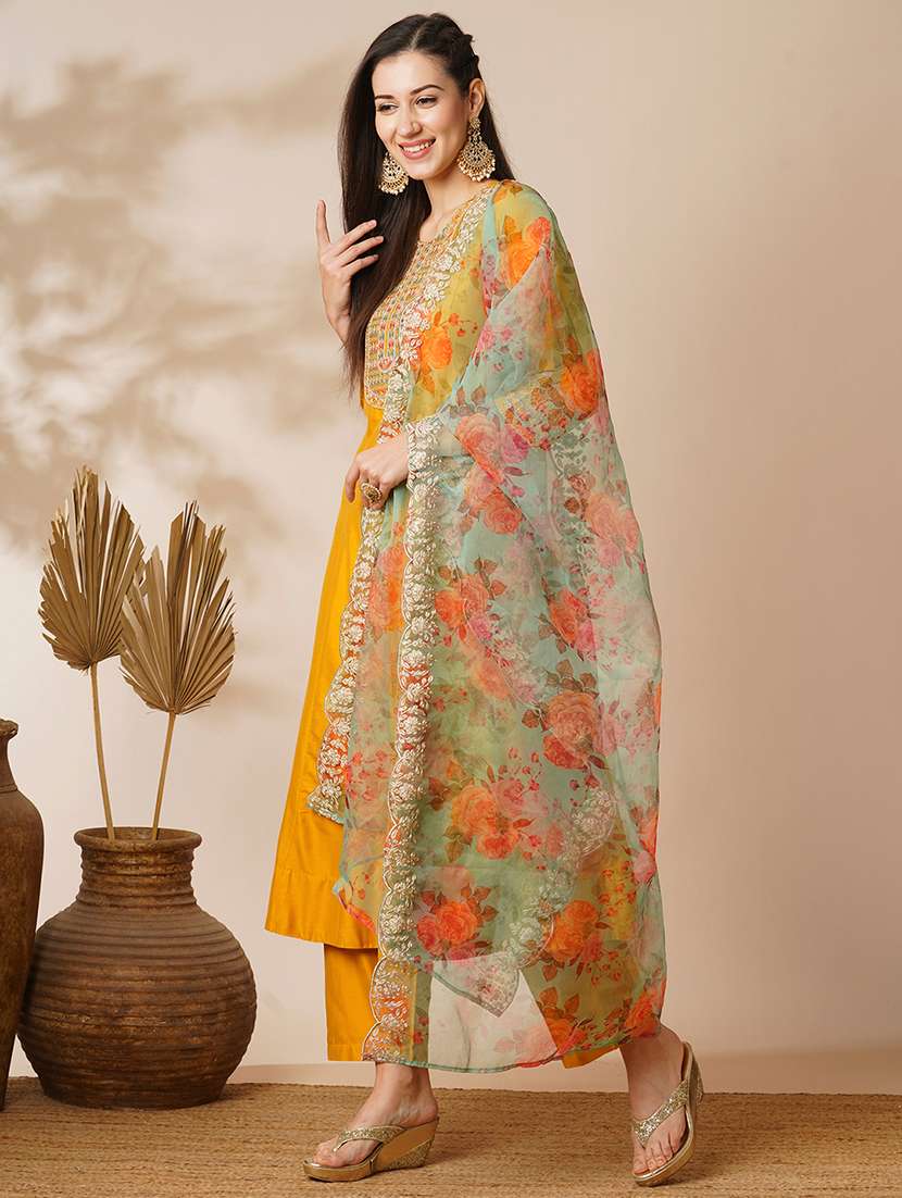 globus women yellow embroidered yoke panelled anarkali kurta with pants & scalloped border organza dupatta festive set - 21531820 -  Standard Image - 1