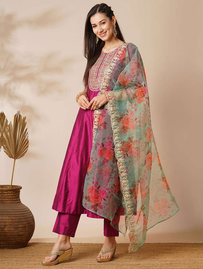 globus women pink embroidered yoke panelled anarkali kurta with pants & scalloped border organza dupatta festive set - 21531821 -  Standard Image - 1