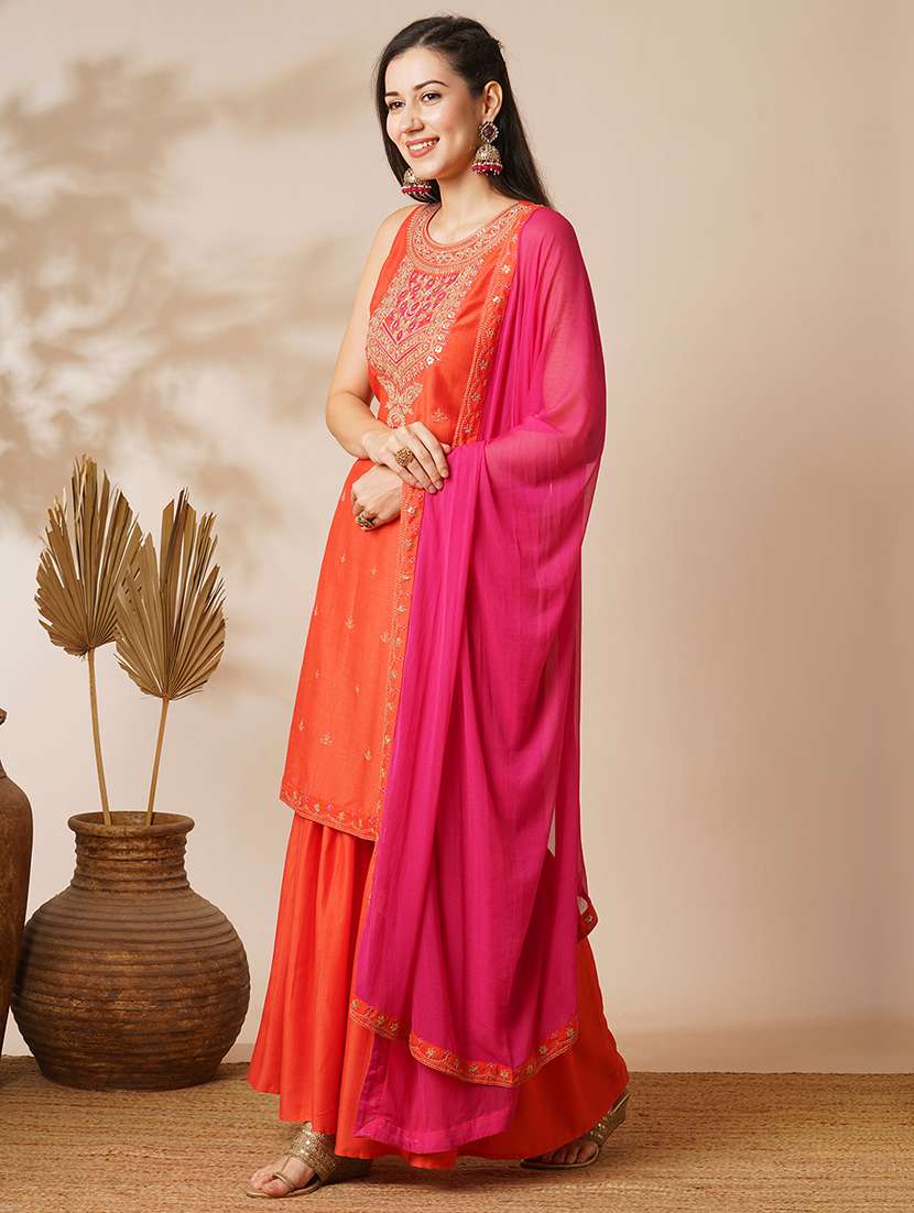 globus women orange sequin embroidered yoke straight kurta with sharara & patched lace contrast dupatta festive set - 21531822 -  Standard Image - 1