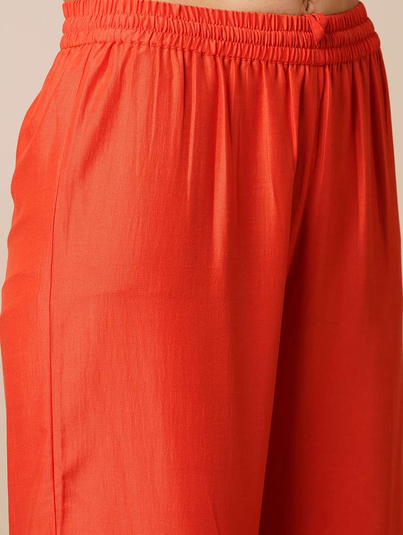 globus women orange sequin embroidered yoke straight kurta with sharara & patched lace contrast dupatta festive set - 21531822 -  Standard Image - 4