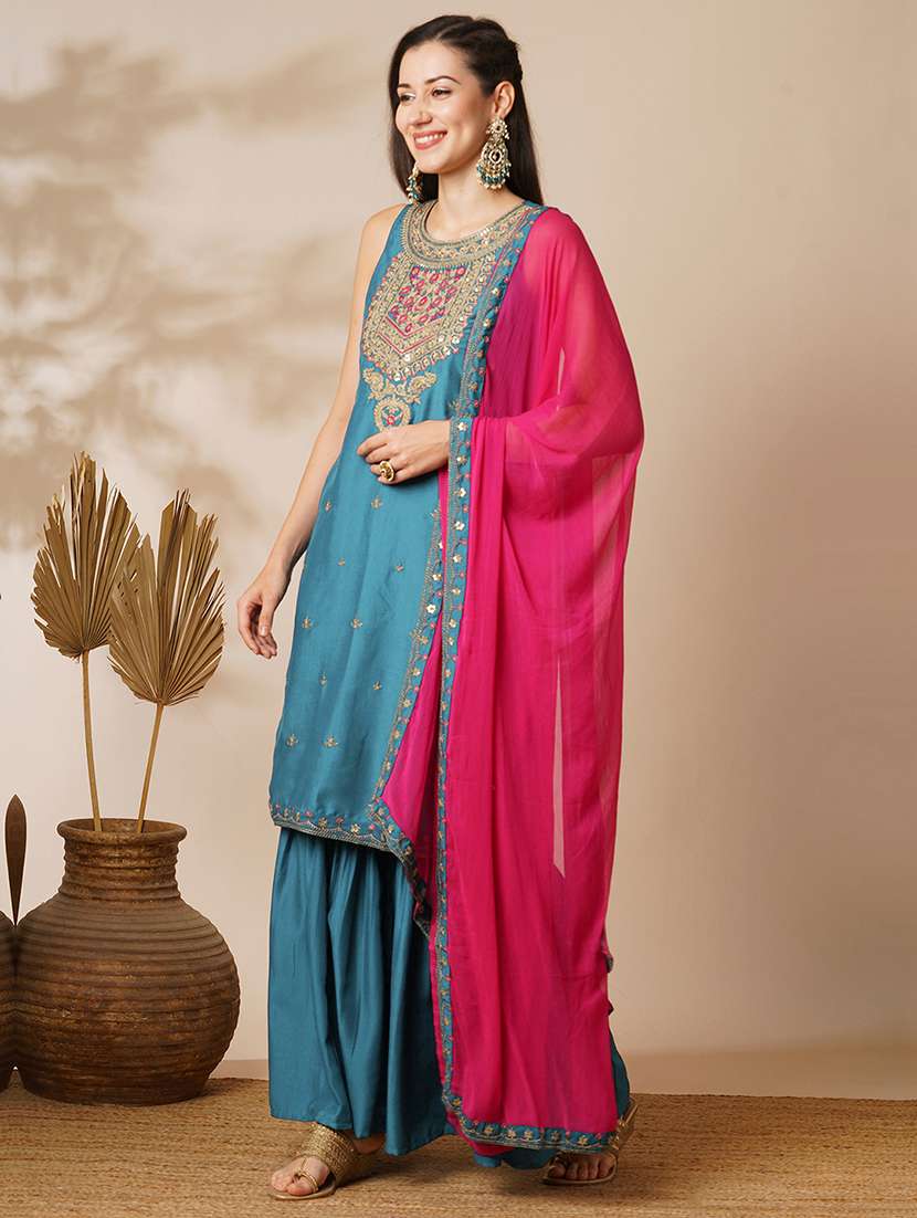 globus women teal sequin embroidered yoke straight kurta with sharara & patched lace contrast dupatta festive set - 21531823 - Standard Image - 1