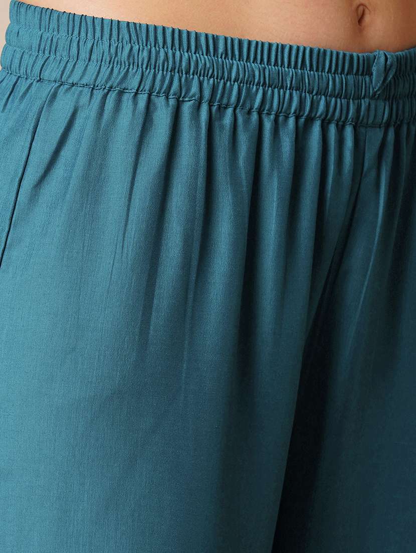 globus women teal sequin embroidered yoke straight kurta with sharara & patched lace contrast dupatta festive set - 21531823 - Standard Image - 4