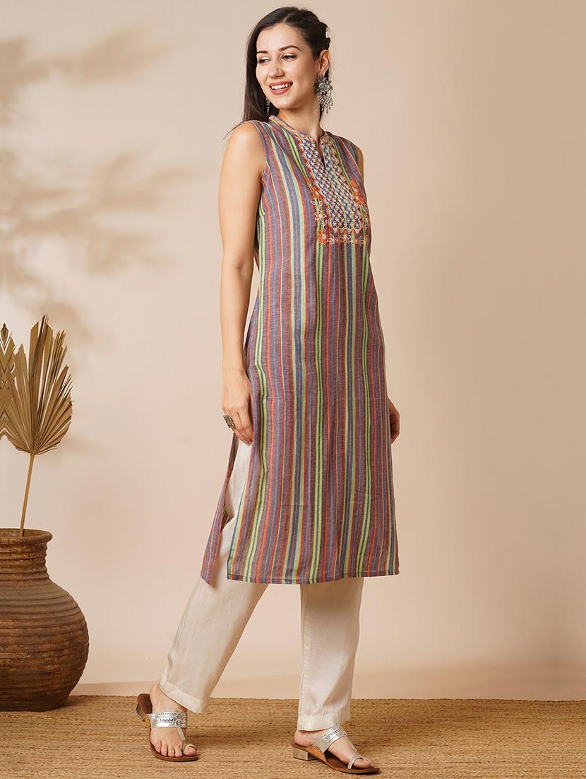 globus women multi colour mandarin collar embroidered yoke straight calf length workwear kurta - 21531824 - Standard Image - 1