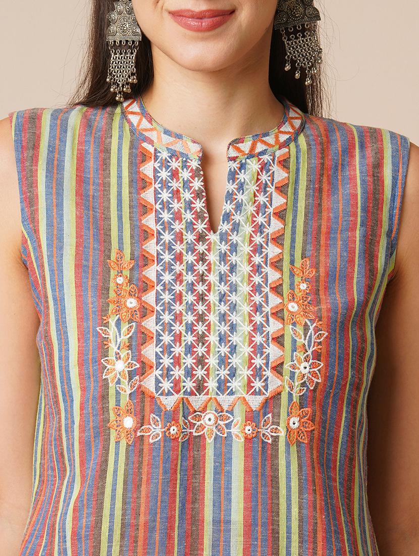 globus women multi colour mandarin collar embroidered yoke straight calf length workwear kurta - 21531824 - Standard Image - 4