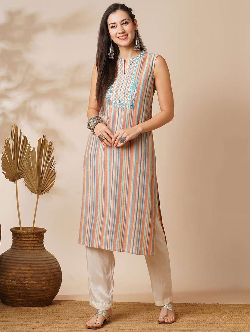 globus women multi colour mandarin collar embroidered yoke straight calf length workwear kurta