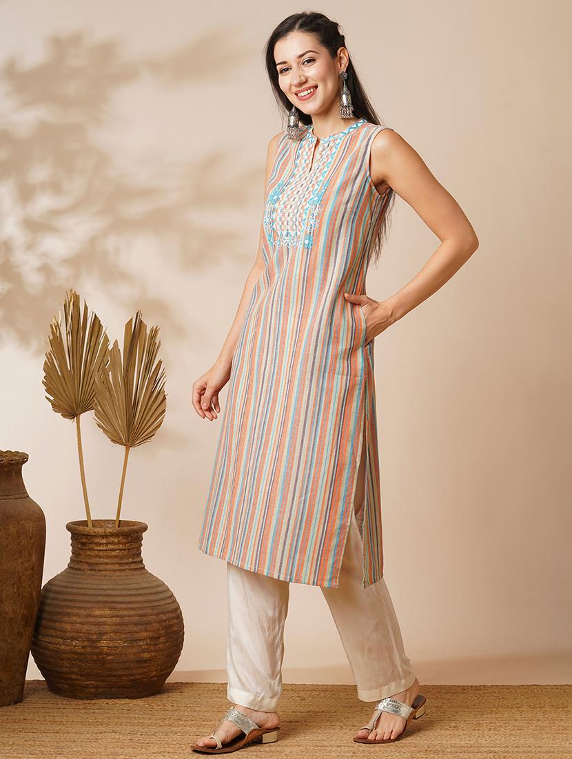 globus women multi colour mandarin collar embroidered yoke straight calf length workwear kurta - 21531825 - Standard Image - 1