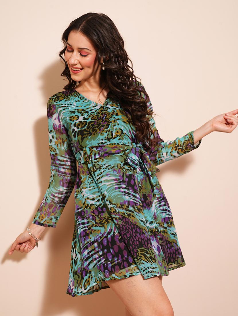 globus women multi colour animal print v-neck fit and flare tie-up styling mini party dress - 21531831 -  Standard Image - 1