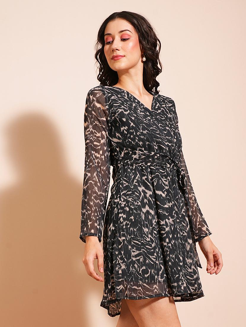 globus women black animal print v-neck fit and flare tie-up styling mini party dress - 21531832 - Standard Image - 1