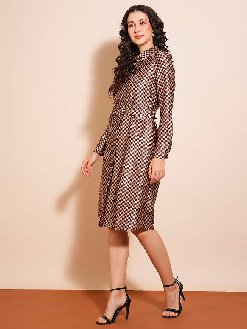 globus women brown geometric print shirt style cuffed sleeves a-line workwear midi dress
