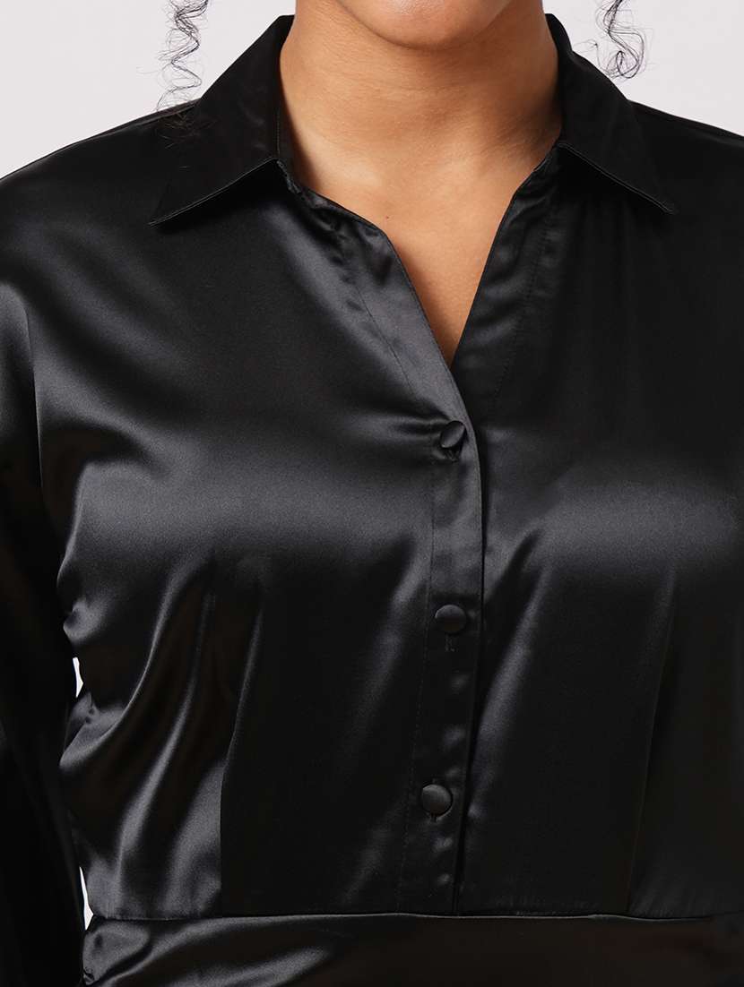 globus women black v-neck flared sleeves shirt style pleated satin mini party dress - 21531838 -  Standard Image - 4