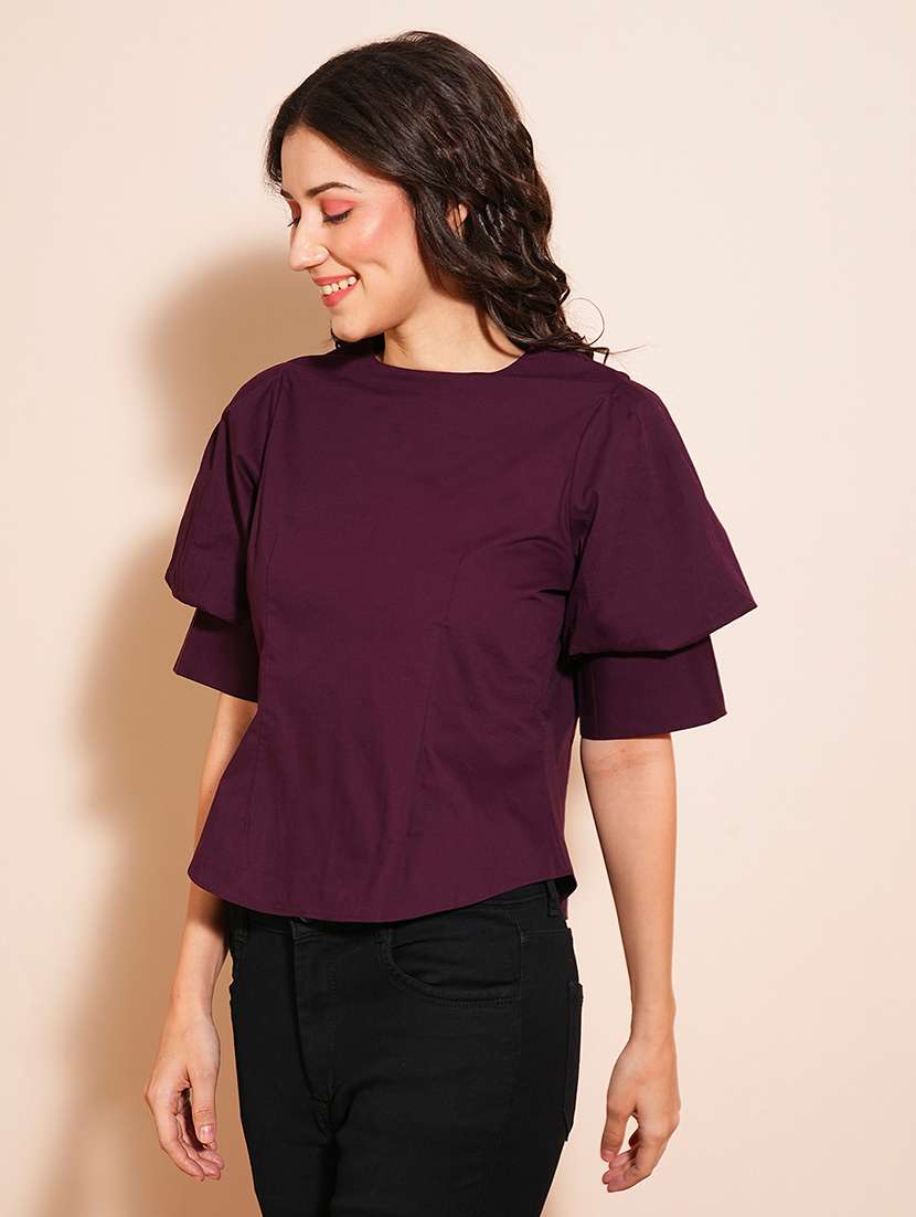 globus women purple puff sleeve round neck shirt style workwear with back button top - 21531839 -  Standard Image - 1
