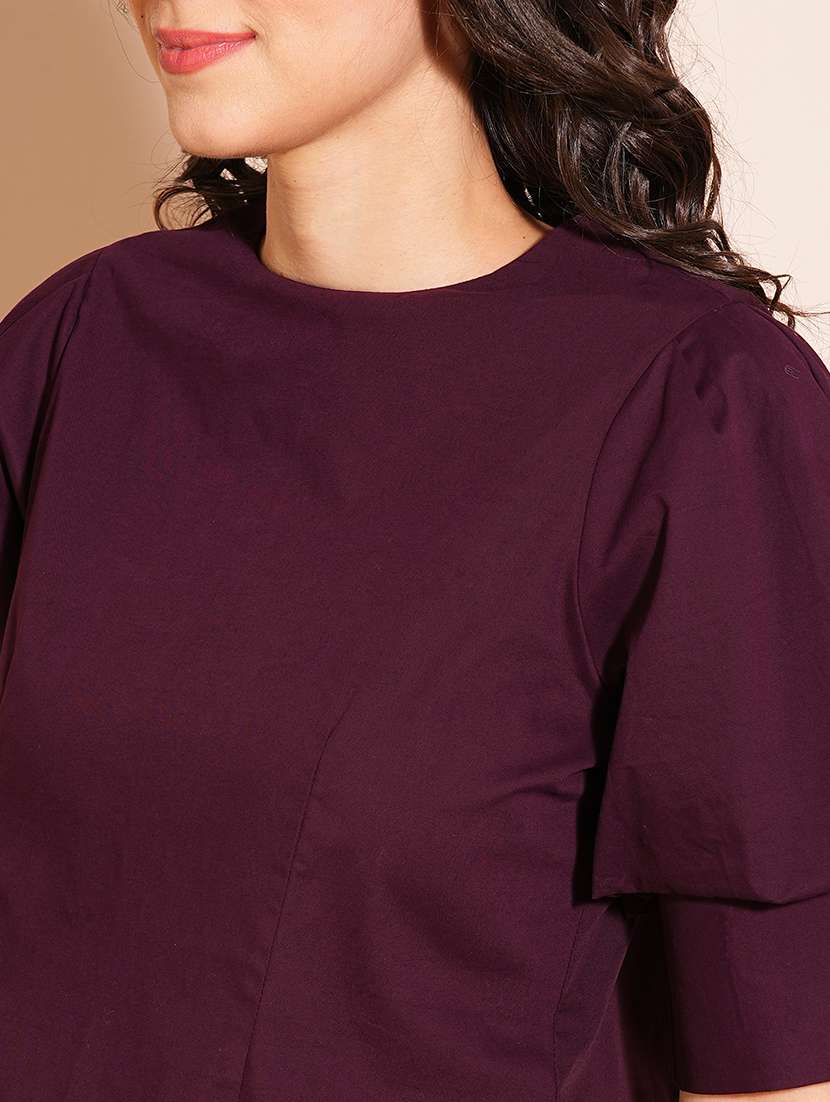 globus women purple puff sleeve round neck shirt style workwear with back button top - 21531839 -  Standard Image - 4
