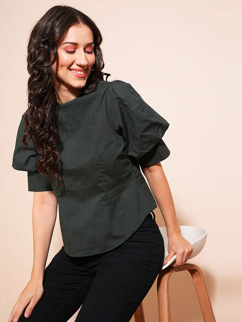 globus women green puff sleeve round neck shirt style workwear with back button top - 21531840 -  Standard Image - 1