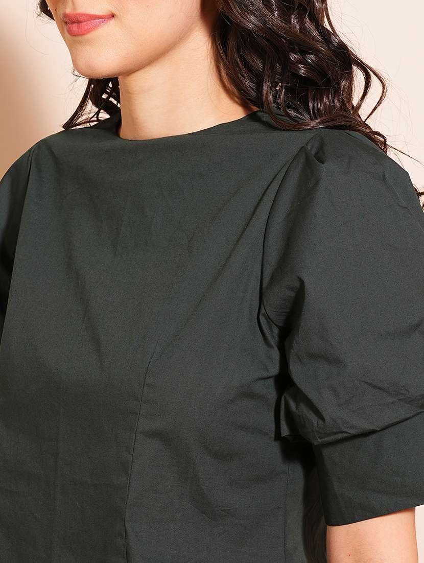 globus women green puff sleeve round neck shirt style workwear with back button top - 21531840 -  Standard Image - 4