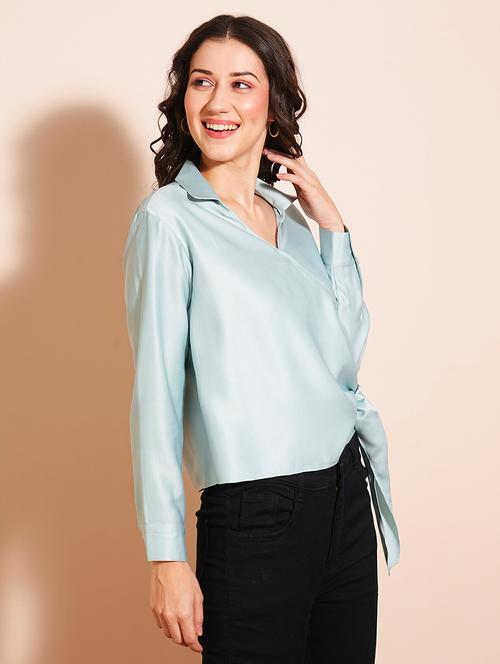 globus women blue shirt collar cuffed sleeves satin wrap party top with twisted surface detailing - 21531843 -  Standard Image - 0