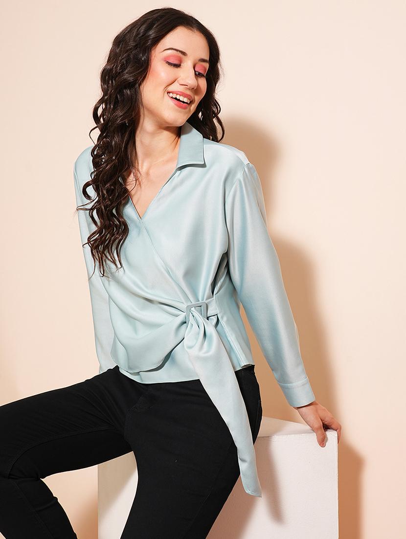 globus women blue shirt collar cuffed sleeves satin wrap party top with twisted surface detailing - 21531843 -  Standard Image - 1