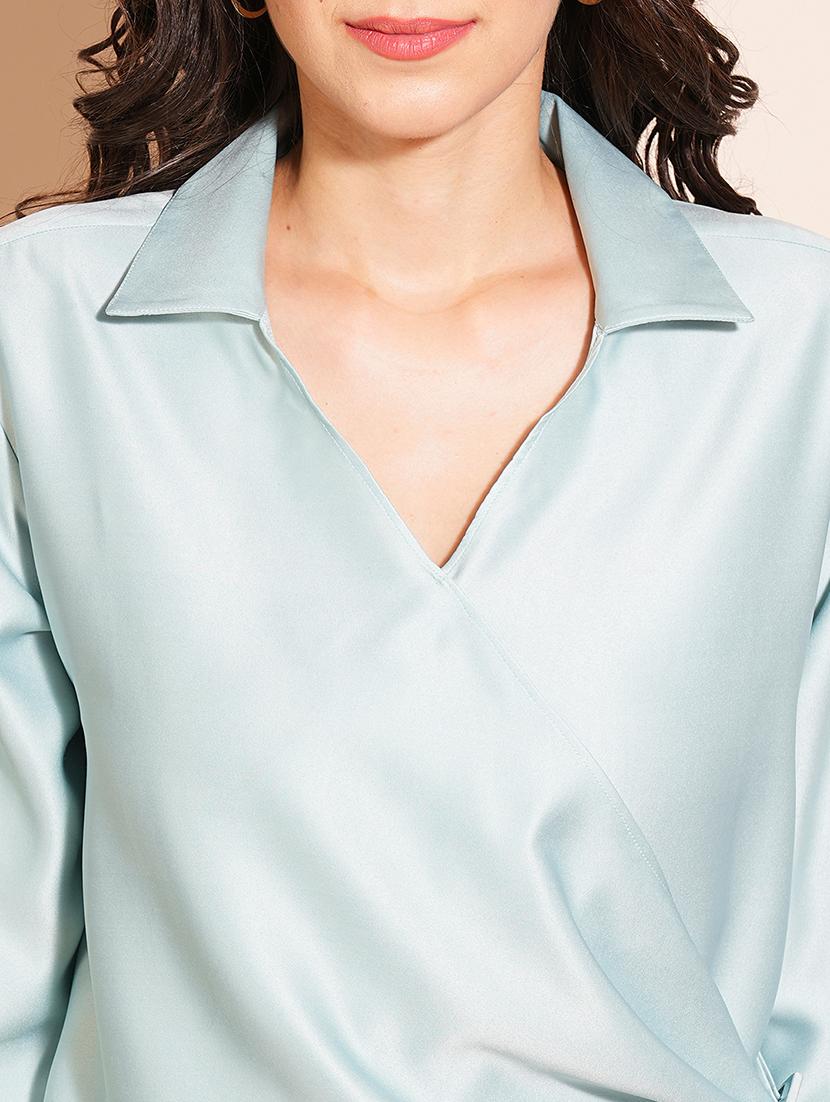 globus women blue shirt collar cuffed sleeves satin wrap party top with twisted surface detailing - 21531843 - Standard Image - 4