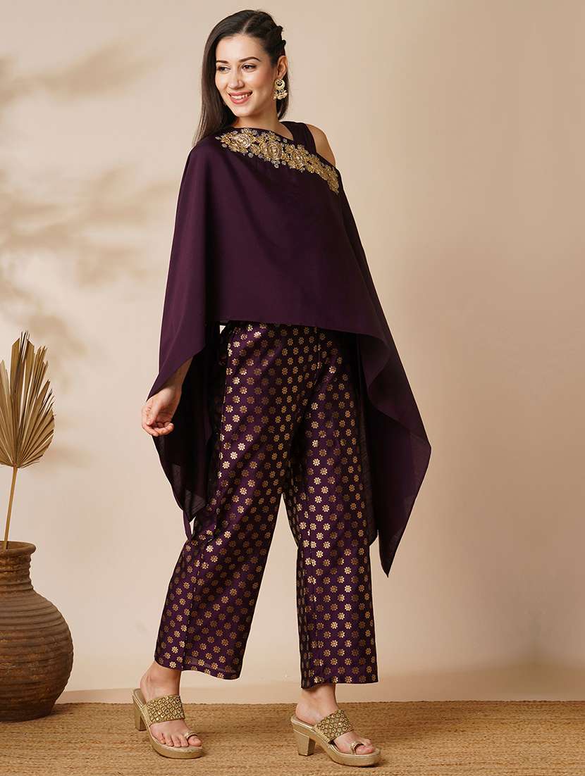 women purple boat neck poncho top & ankle length mid-rise pants fusion co-ord set  - 21531865 -  Standard Image - 1