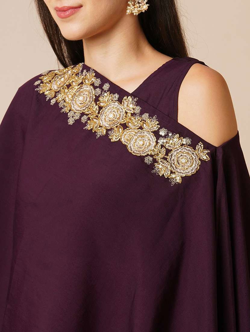 women purple boat neck poncho top & ankle length mid-rise pants fusion co-ord set  - 21531865 -  Standard Image - 4