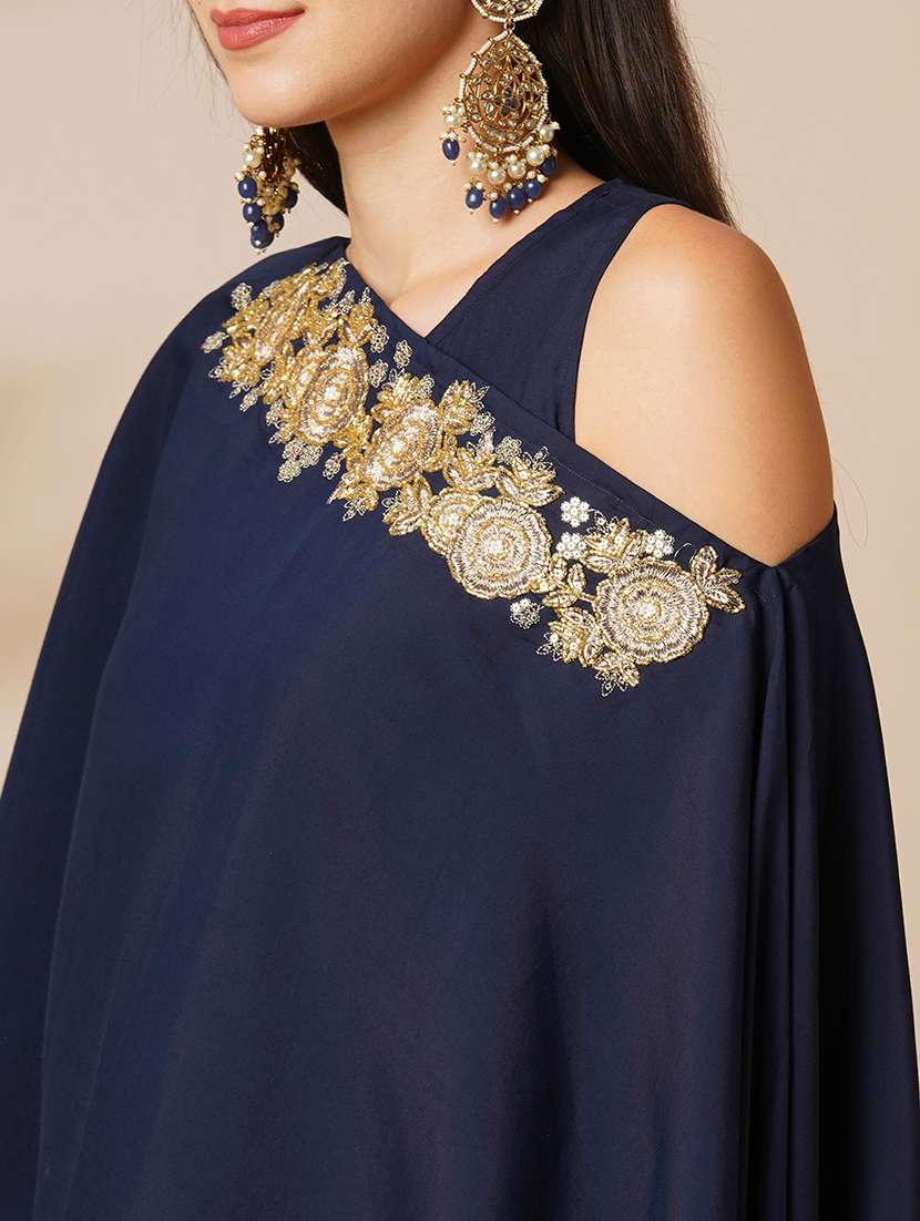 globus women blue woven design boat neck flared sleeves poncho top & ankle length mid-rise pants fusion co-ord set - 21531866 -  Standard Image - 4