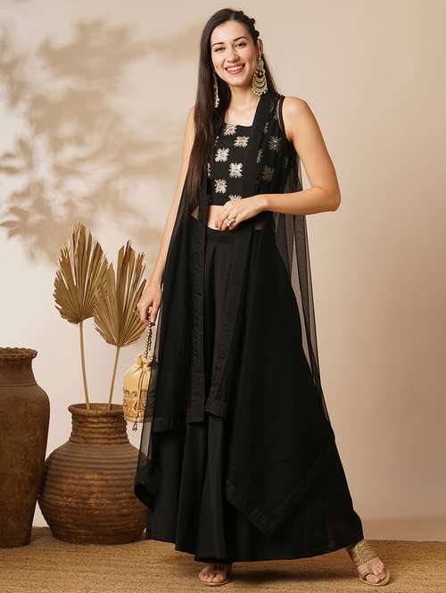globus women black ethnic motifs strappy sleeves crop top & floor length palazzo with shrug fusion co-ord set - 21531867 - Standard Image - 0