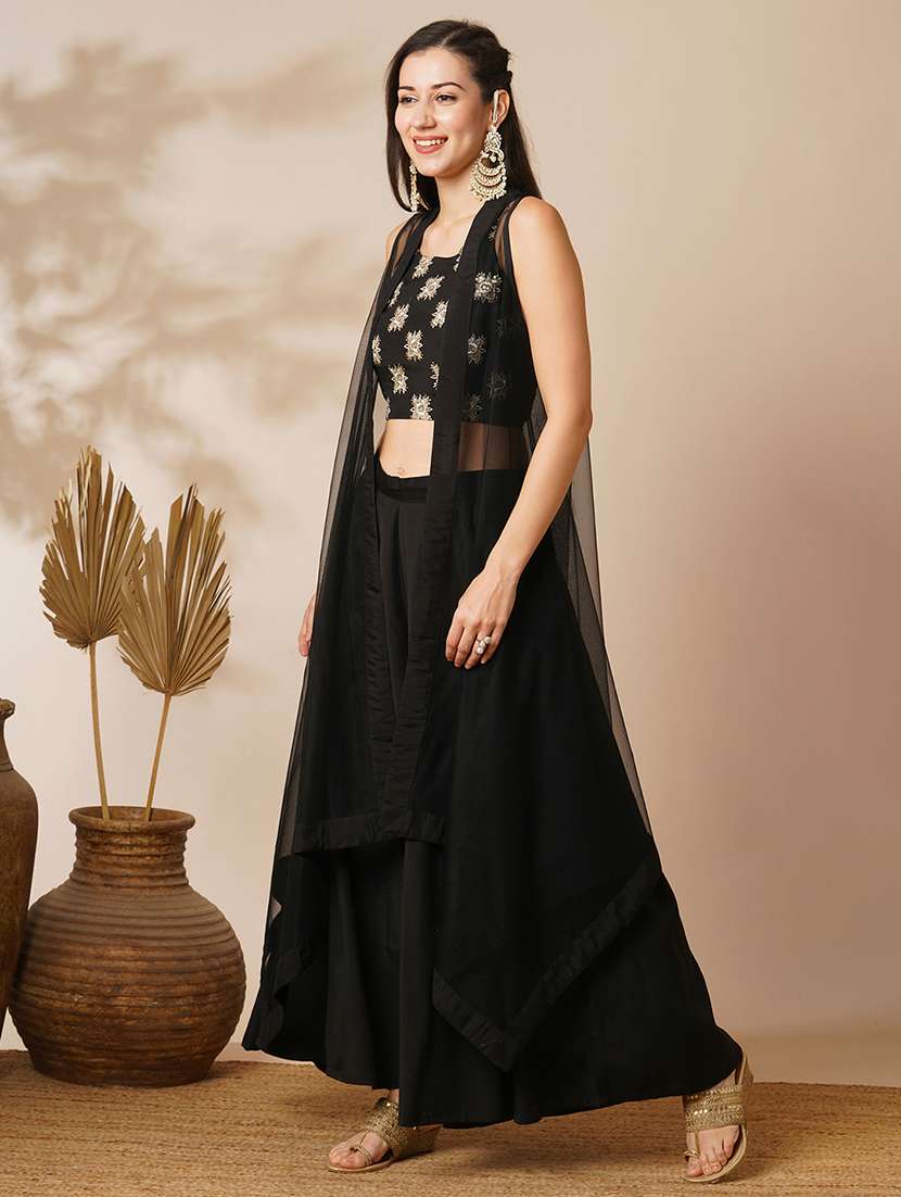 globus women black ethnic motifs strappy sleeves crop top & floor length palazzo with shrug fusion co-ord set - 21531867 -  Standard Image - 1