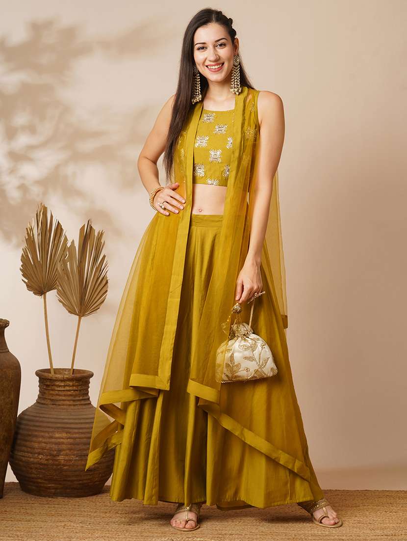 globus women lime green ethnic motifs strappy sleeves crop top & floor length palazzo with shrug fusion co-ord set