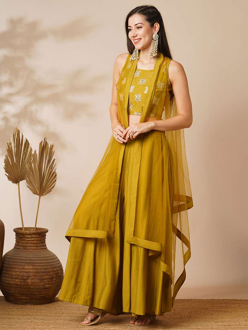 globus women lime green ethnic motifs strappy sleeves crop top & floor length palazzo with shrug fusion co-ord set - 21531868 -  Standard Image - 1