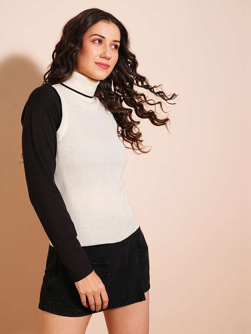 Globus Women Off White & Black Tipping Turtle Neck Ribbed Vest Style Sweater 