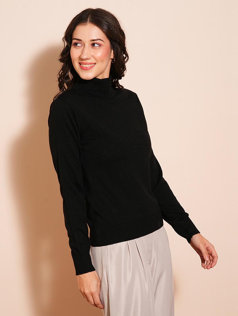 globus women black solid full sleeves turtle neck ribbed hem flat knit sweater - 21531871 - Standard Image - 1
