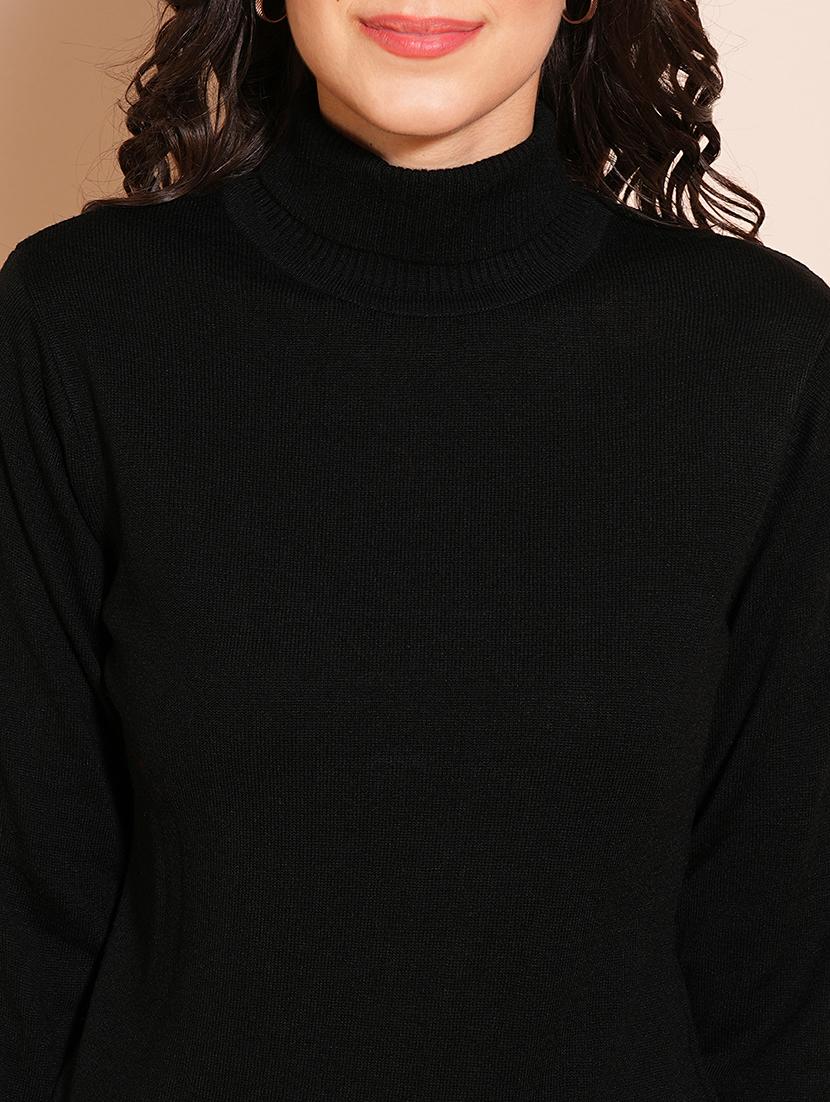 globus women black solid full sleeves turtle neck ribbed hem flat knit sweater - 21531871 - Standard Image - 4