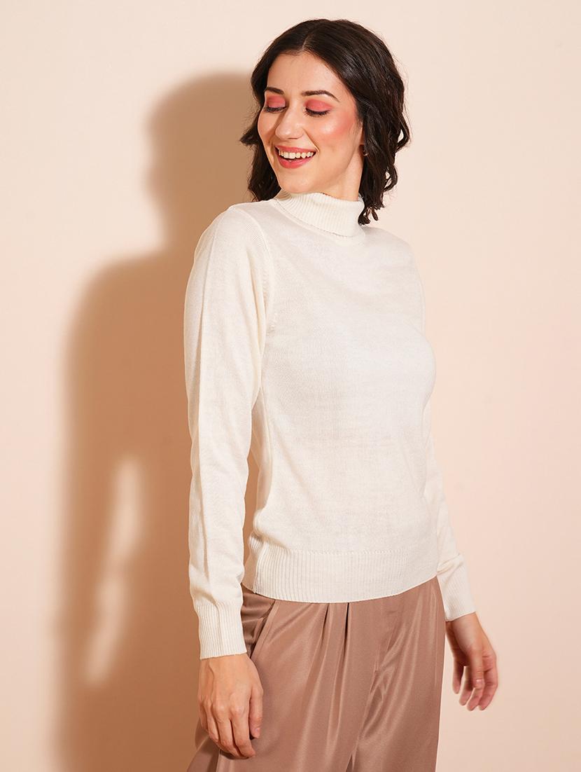 globus women off-white solid full sleeves turtle neck ribbed hem flat knit sweater - 21531872 - Zoom Image - 0