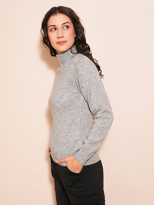 globus women grey melange solid full sleeves turtle neck ribbed hem flat knit sweater  - 21531873 -  Standard Image - 0