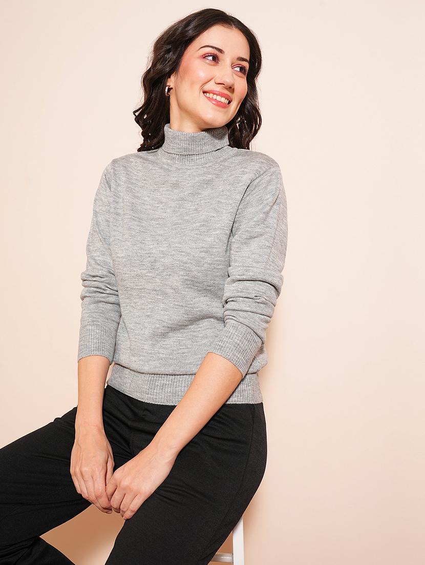 globus women grey melange solid full sleeves turtle neck ribbed hem flat knit sweater  - 21531873 -  Standard Image - 1