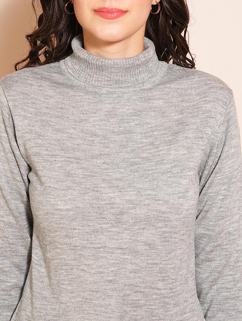 globus women grey melange solid full sleeves turtle neck ribbed hem flat knit sweater - 21531873 - Standard Image - 4