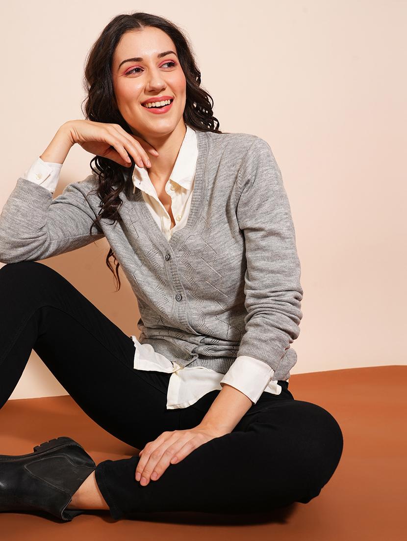 globus women grey v-neck full sleeves self design ribbed hem cardigan sweater - 21531874 -  Standard Image - 1