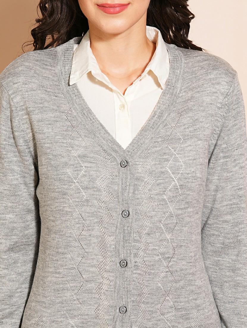 globus women grey v-neck full sleeves self design ribbed hem cardigan sweater - 21531874 - Standard Image - 4