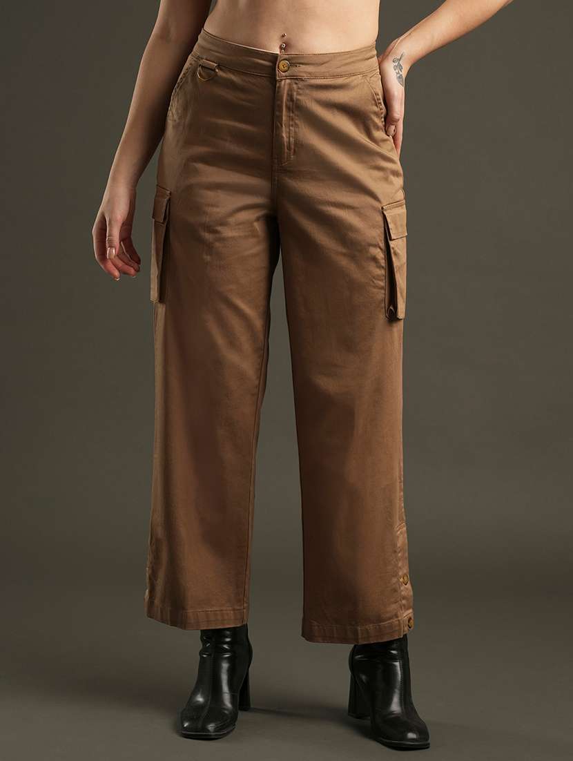 globus women khaki cotton stretchable mid-rise relaxed fit flat front cargo trousers