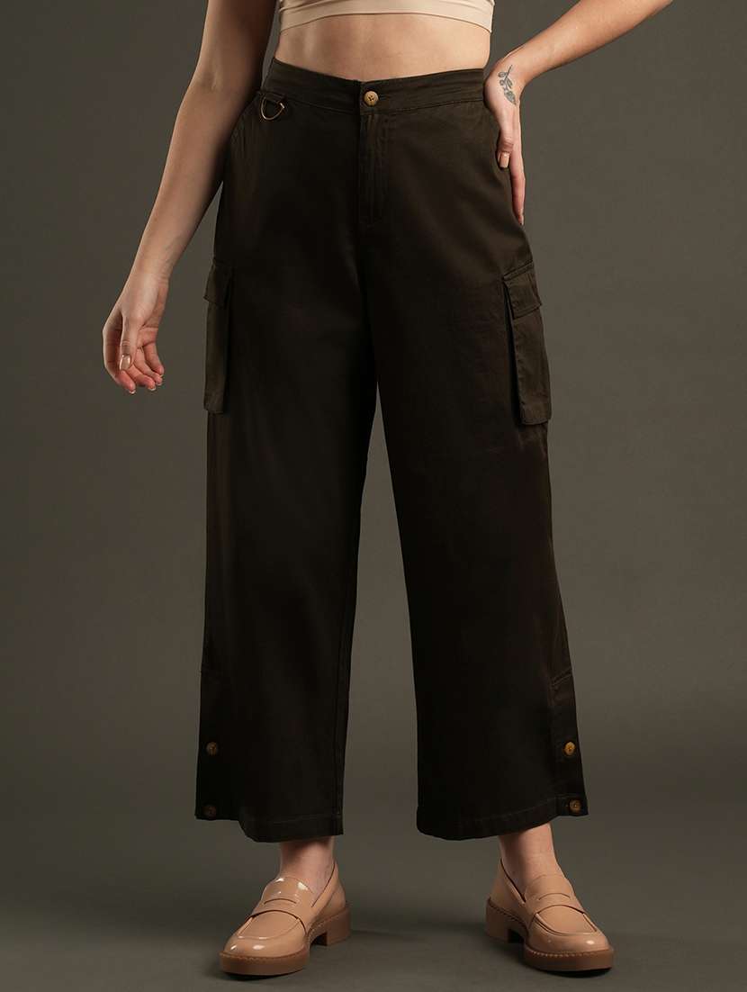 globus women olive cotton stretchable mid-rise relaxed fit flat front cargo trousers