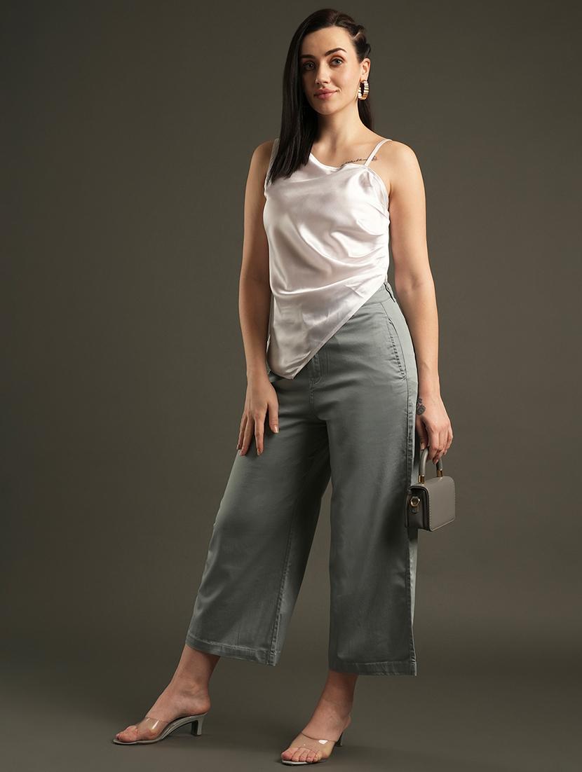 globus women aqua satin stretchable mid-rise relaxed fit flat front cropped wide leg formal trousers - 21531877 - Standard Image - 4