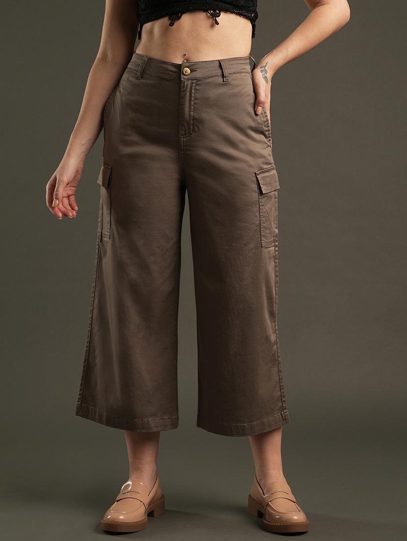 globus women dark grey cotton stretchable mid-rise relaxed fit flat front cropped wide leg trousers with cargo pocket - 21531878 - Zoom Image - 0