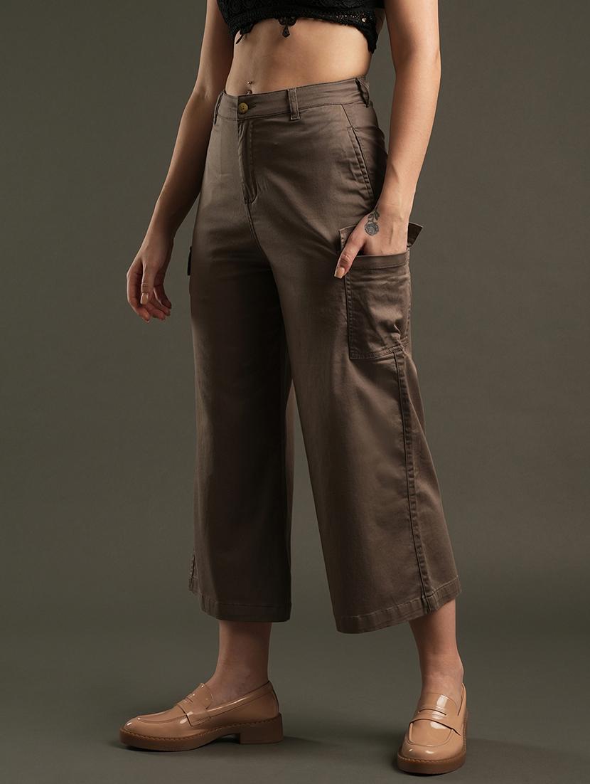 globus women dark grey cotton stretchable mid-rise relaxed fit flat front cropped wide leg trousers with cargo pocket - 21531878 - Standard Image - 1