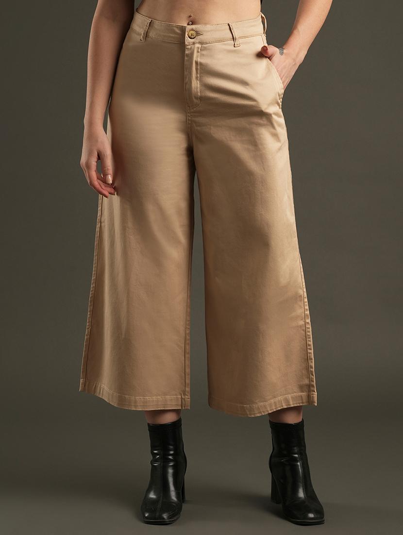 globus women camel brown satin stretchable mid-rise relaxed fit flat front cropped wide leg formal trousers - 21531879 - Zoom Image - 0