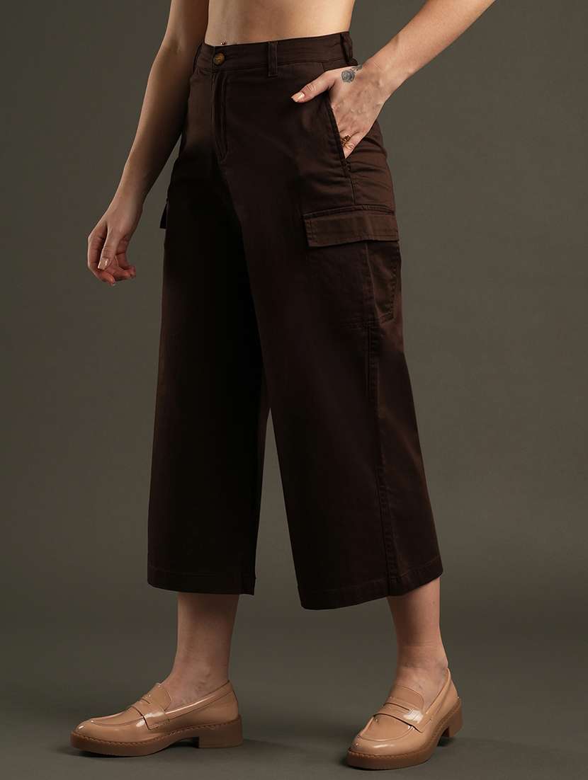 globus women coffee cotton stretchable mid-rise relaxed fit flat front cropped wide leg trousers with cargo pocket - 21531881 -  Standard Image - 1