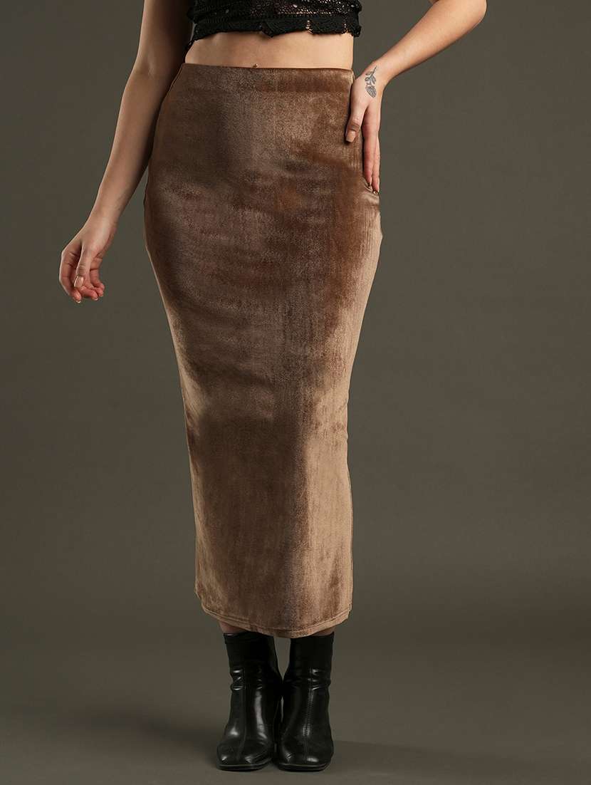 globus women dark olive velvet high-rise stretchable midi pencil skirt
