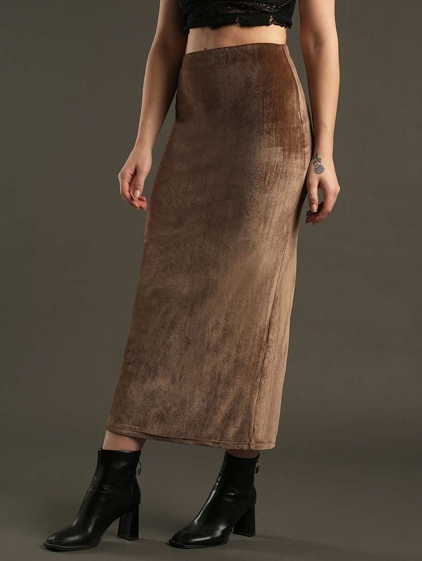 globus women dark olive velvet high-rise stretchable midi pencil skirt - 21531882 -  Standard Image - 1