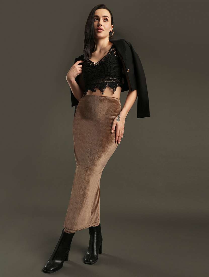 globus women dark olive velvet high-rise stretchable midi pencil skirt - 21531882 -  Standard Image - 4